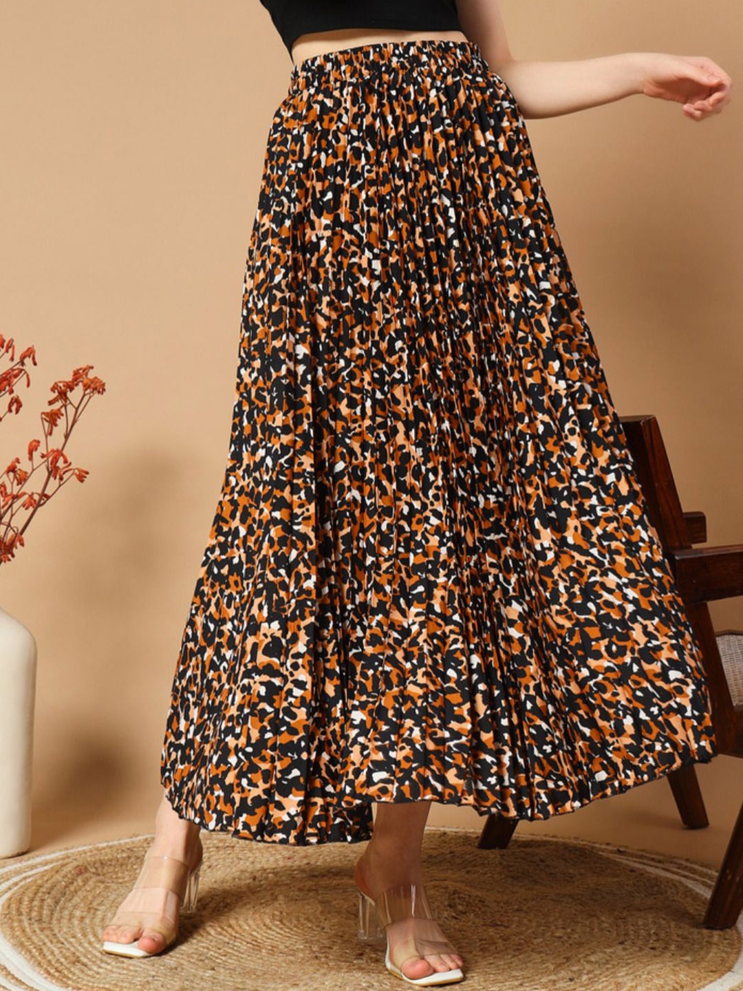 

ZWERLON Women Animal Printed Accordion Pleats Flared Maxi Skirt, Black