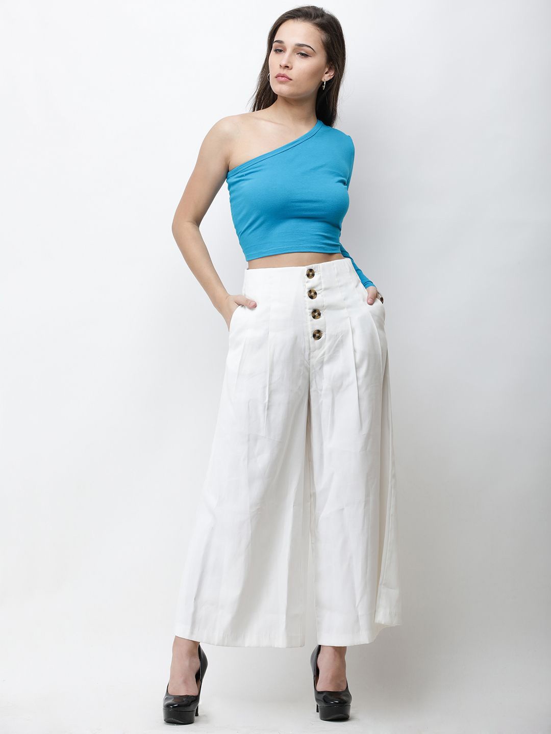 

Moda Rapido Women Solid One Shoulder CottonFitted Top, Blue