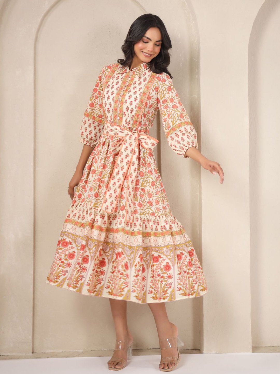 

Jaipur Morni Women Floral Printed Fit & Flare Maxi Dress, Peach
