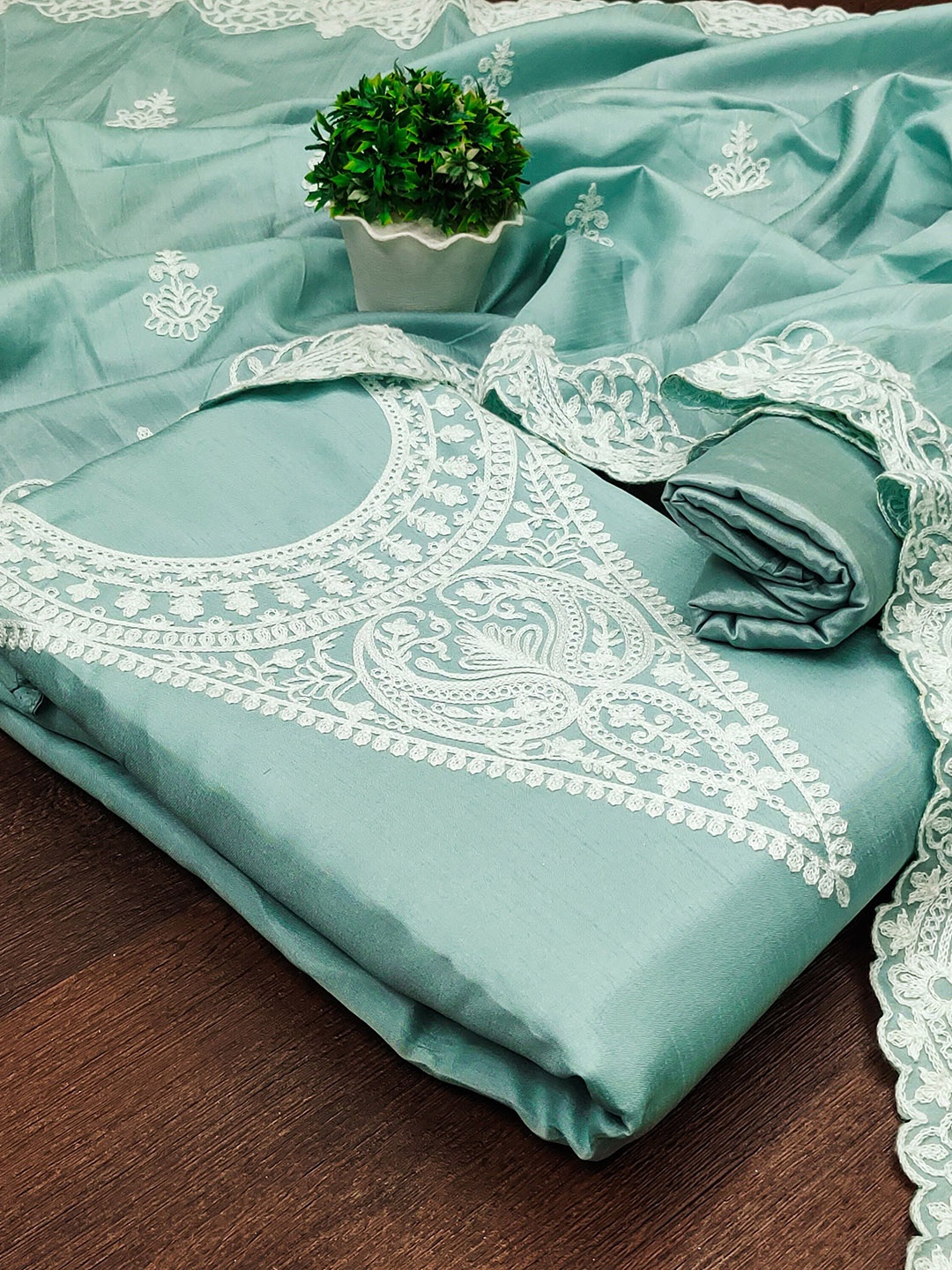 

MANVAA Floral Embroidered Unstitched Dress Material, Sea green
