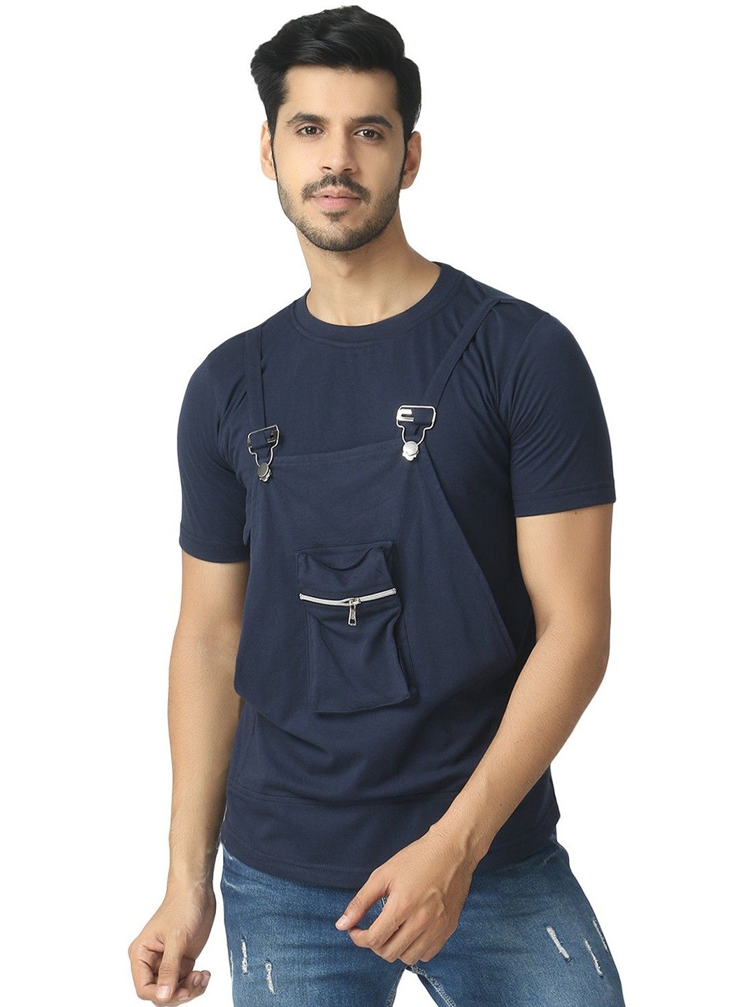 

Black Collection Men Solid Round Neck Cotton T-shirt, Navy blue