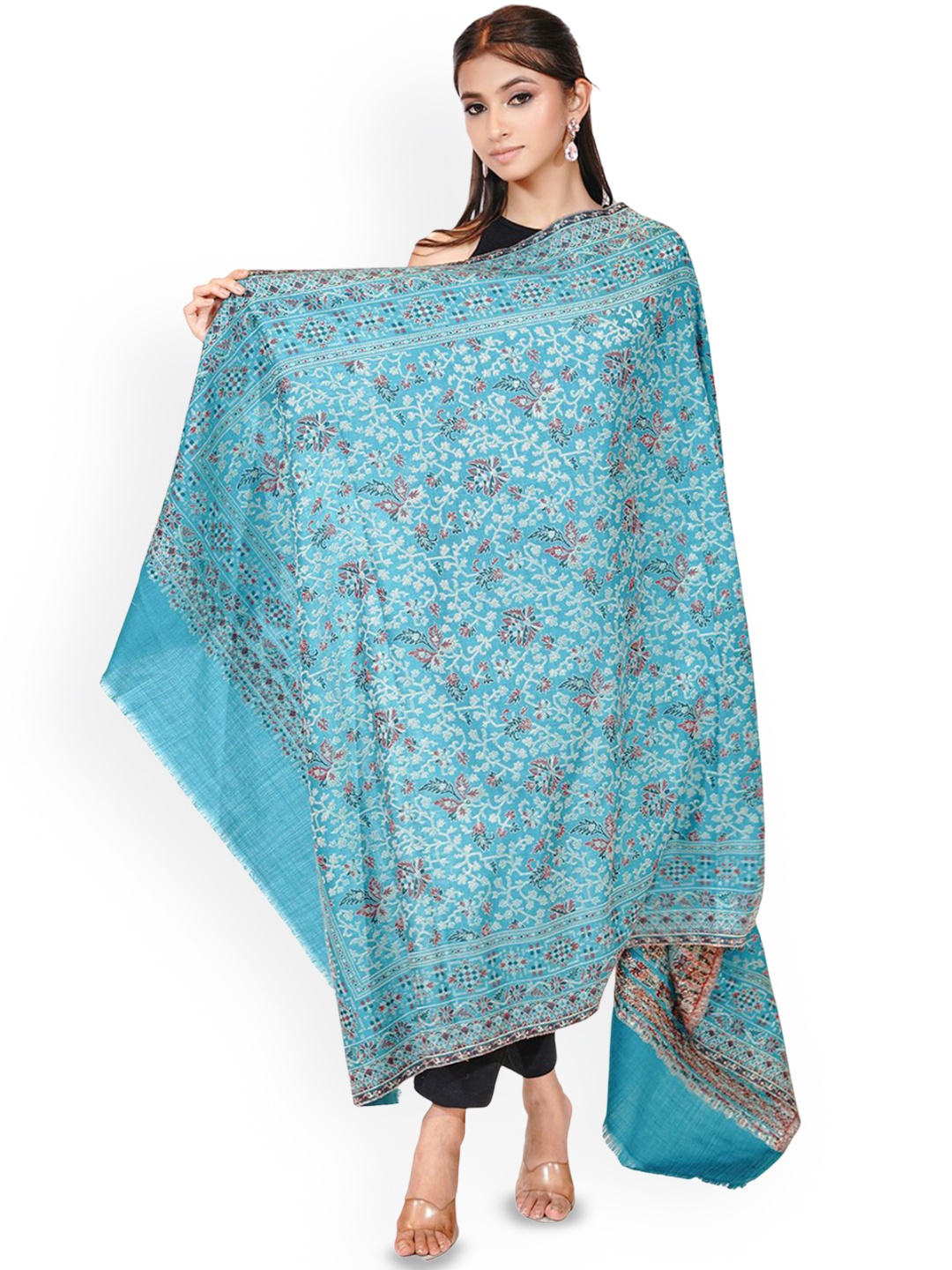 

PASHMAL INDIA PRIVATE LIMITED Floral Woven Design Woollen Shawl, Blue