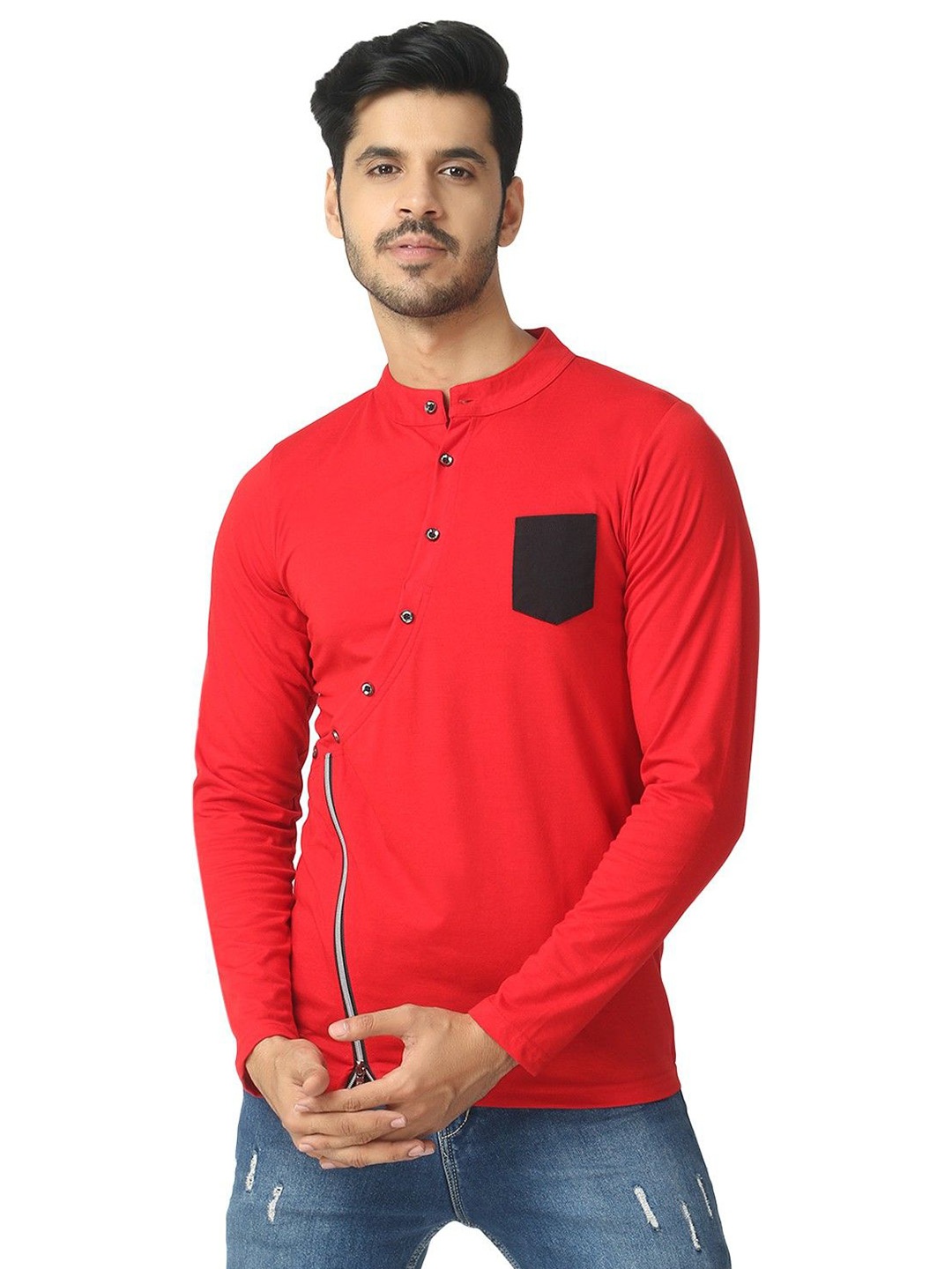 

Black Collection Men Solid Mandarin Collar Cotton Slim Fit T-shirt, Red