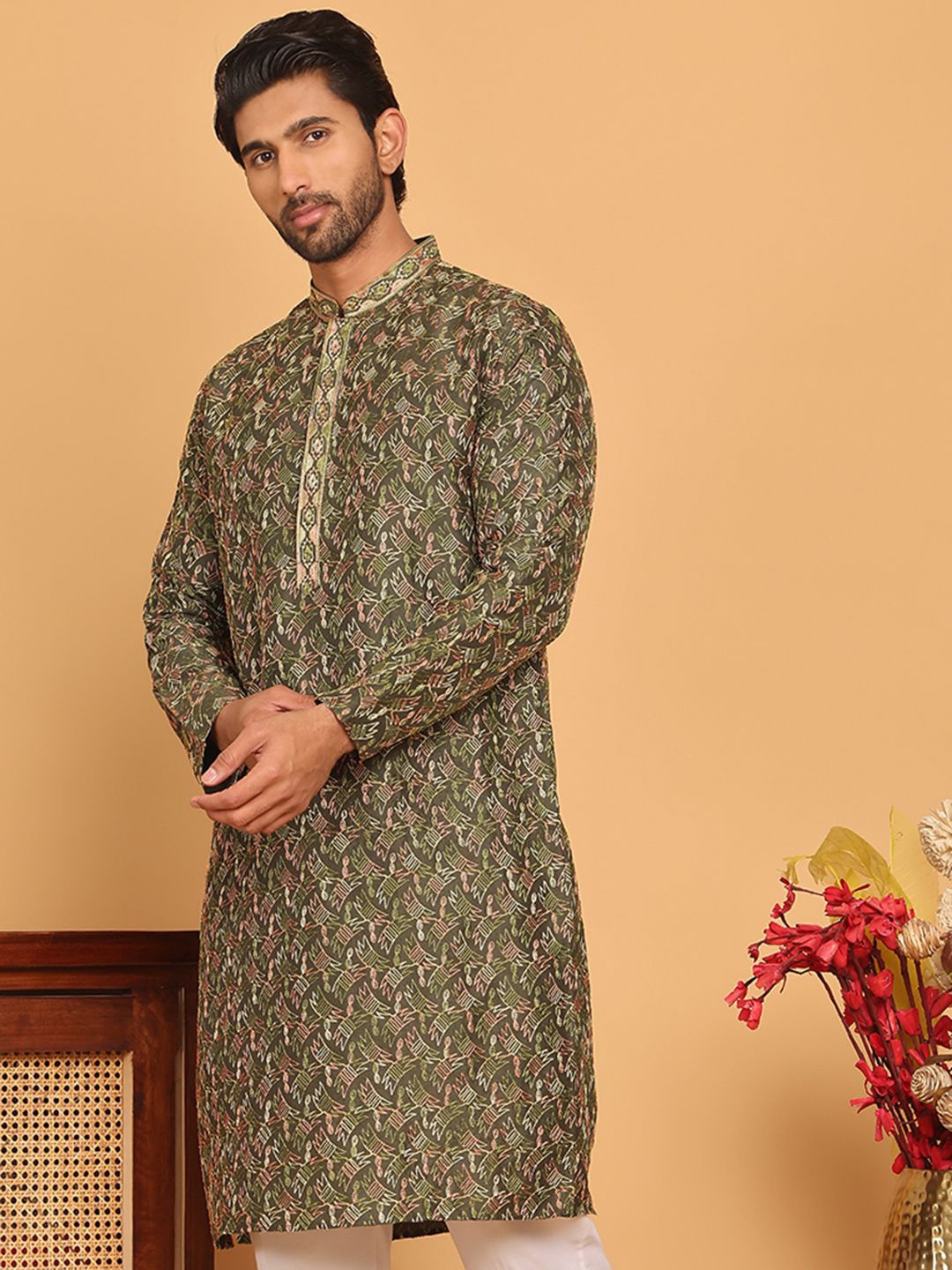 

Anouk Olive Green Geometric Embroidered Mandarin Collar Silk Kurta