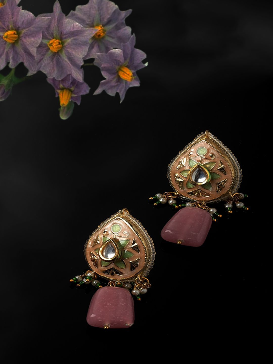 

DUGRISTYLE Gold-Plated Artificial Stones Studded & Beaded Contemporary Drop Earrings, Peach