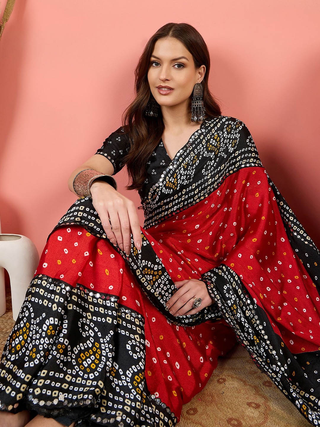 

Sangria Bandhani Printed Bandhani Saree, Red