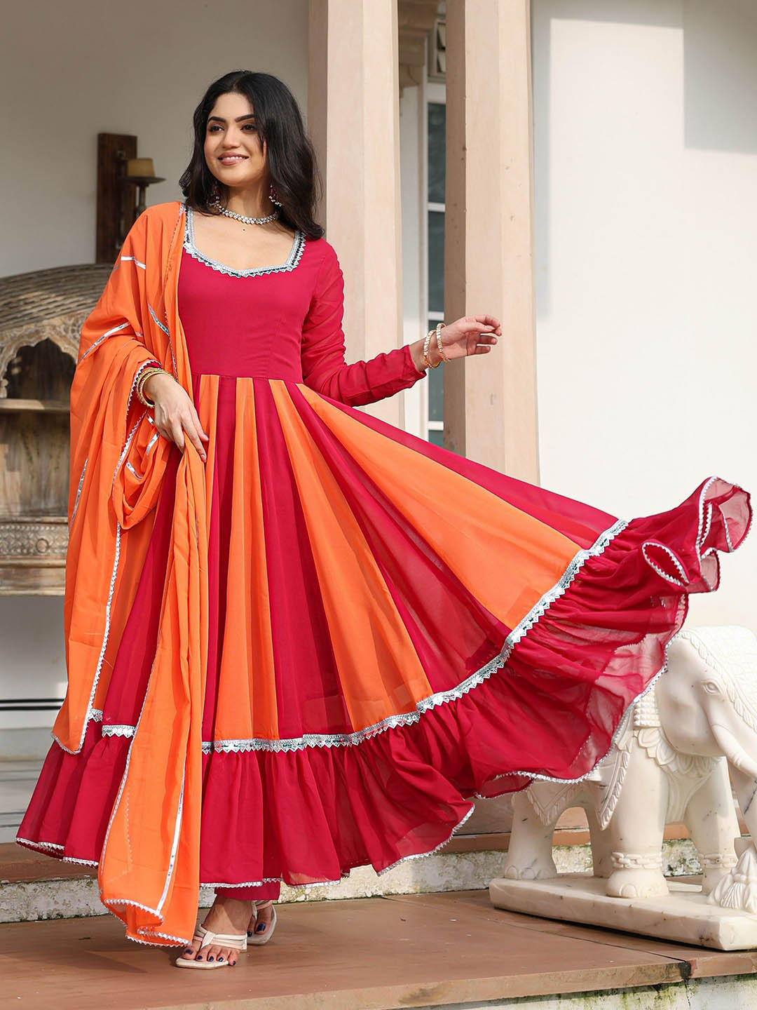 

ASHEERA Empire Sweetheart Neck Gotta Patti Georgette Anarkali Kurta With Trouser & Dupatta, Orange