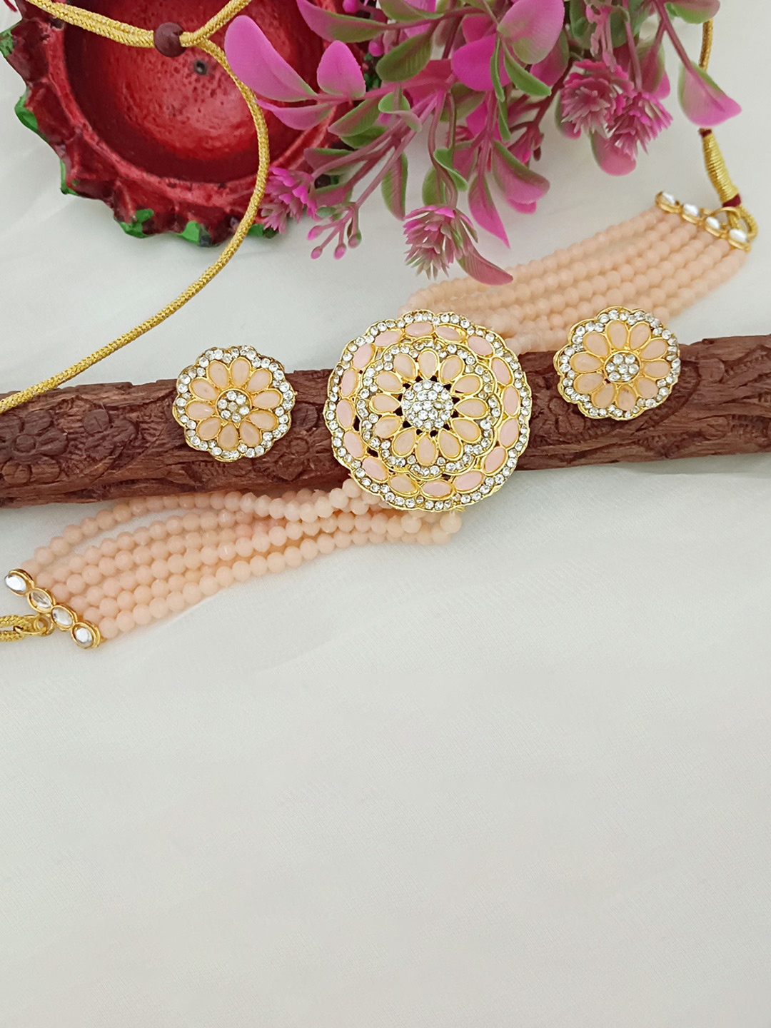 

EVY Gold-Plated Crystal & Cubic Zirconia Studded Choker Jewellery Set, Peach