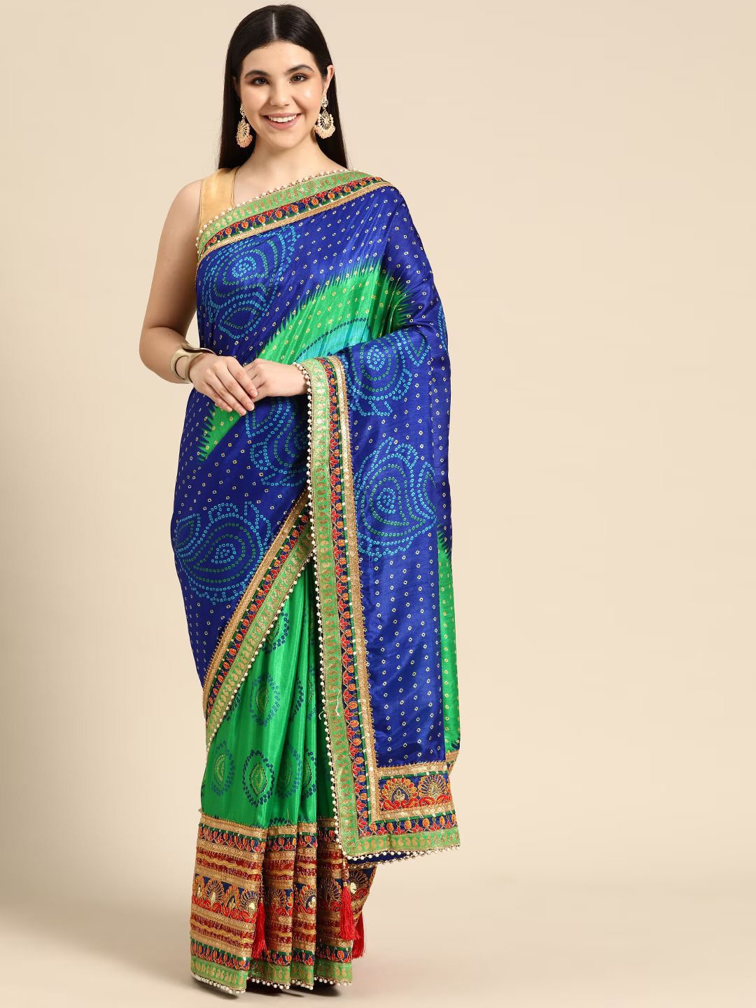 

DIVASTRI Bandhani Gotta Patti Silk Blend Designer Bandhani Saree, Blue