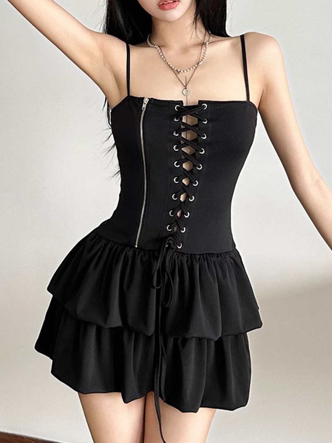 

StyleCast Women Shoulder Straps Lace-up Layered Drop-Waist Mini Dress, Black