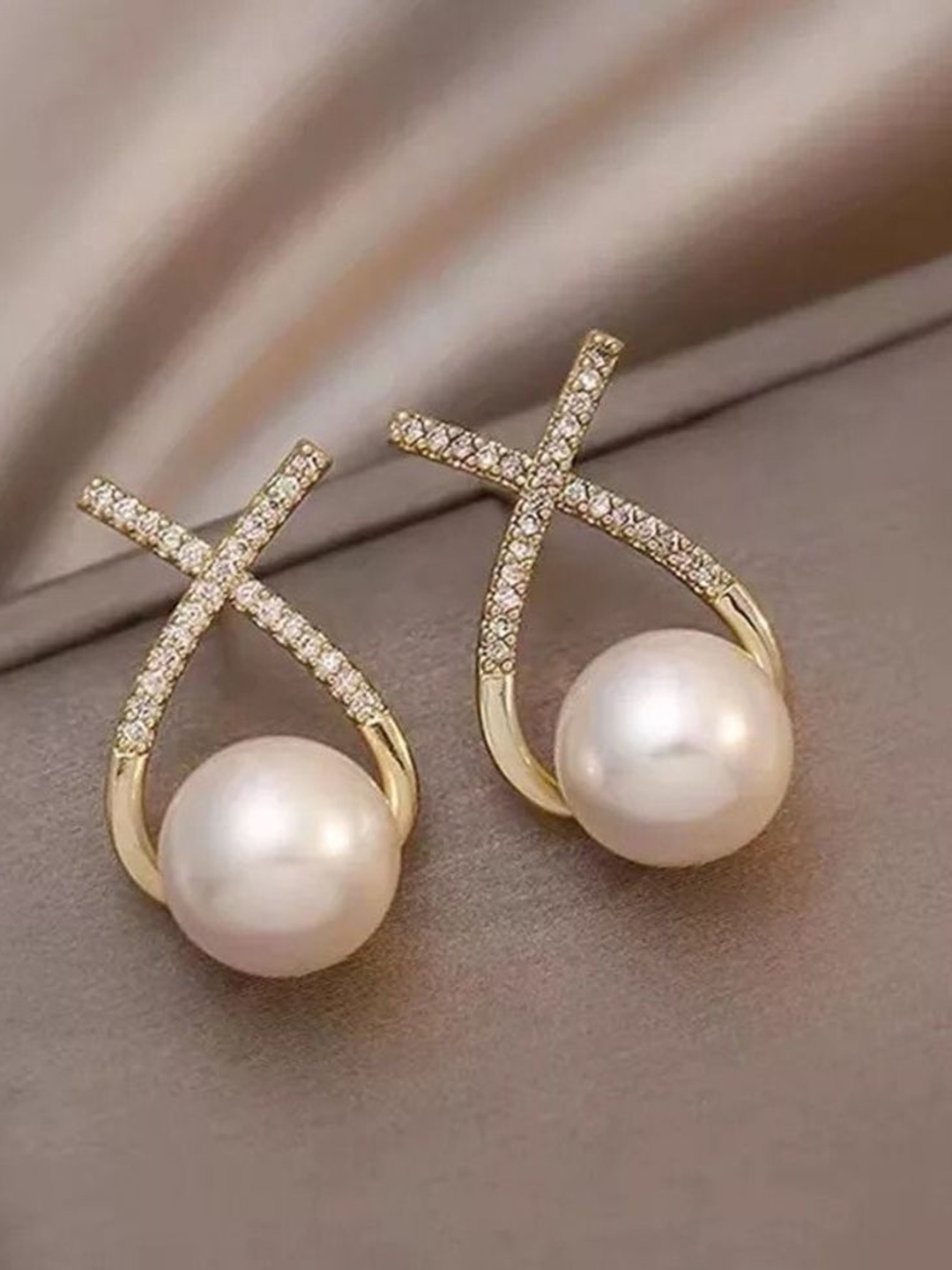 

Celestique Artificial Stones Studed & Pearls Beaded Cross Contemporary Shaped Korean Studs, Gold