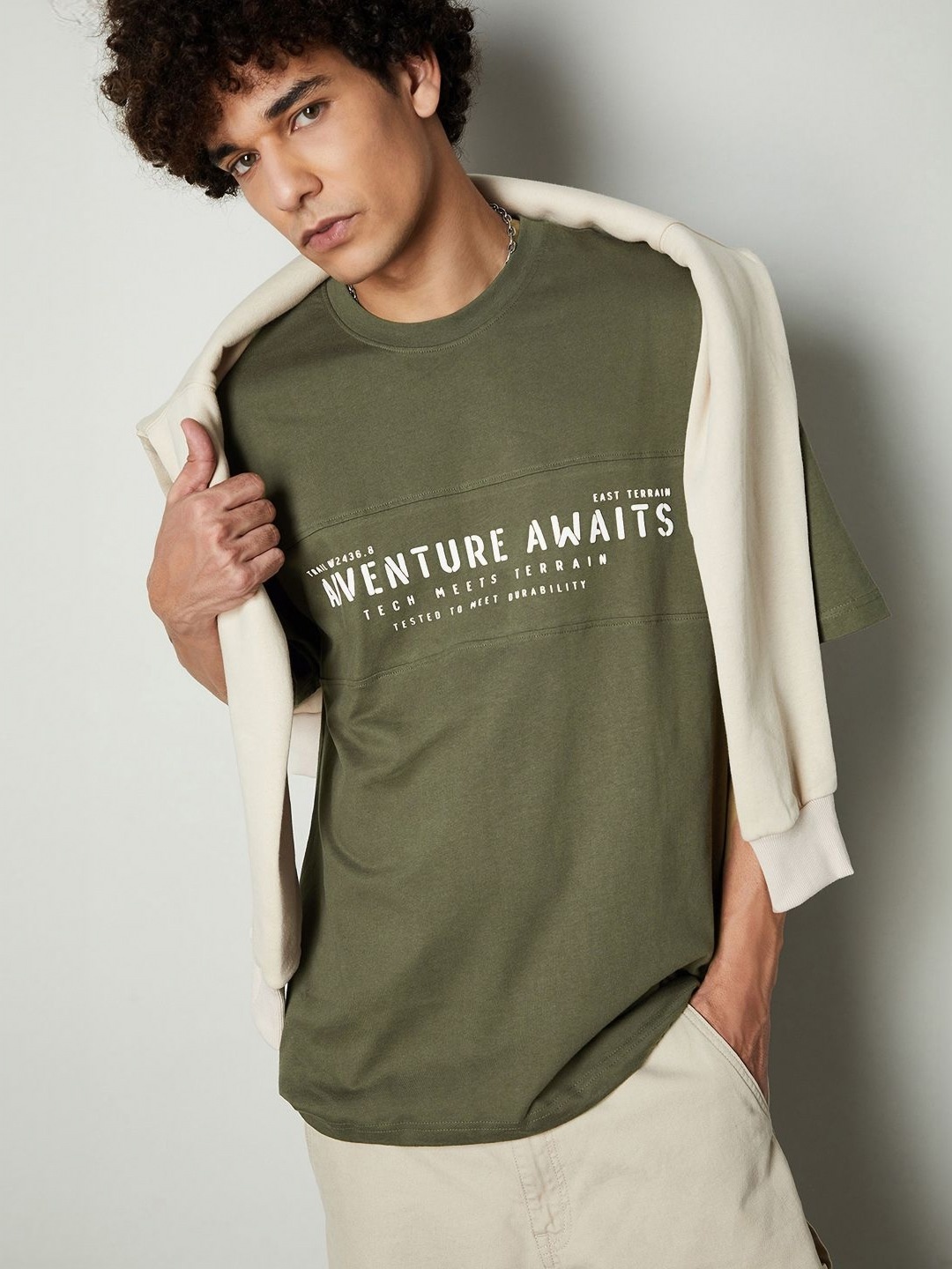 

max Men Typography Printed Round Neck Cotton Oversized T-shirt, Green