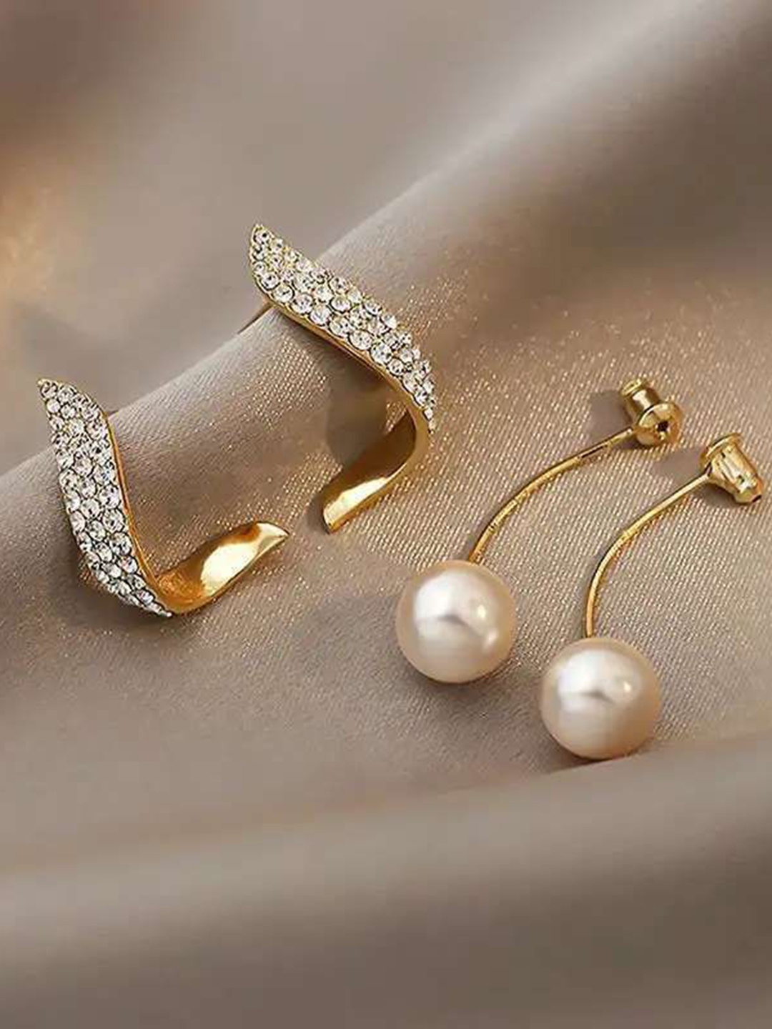 

Celestique Korean 2 Piece Pearls Beaded Contemporary Shaped Drop Earrings, Gold