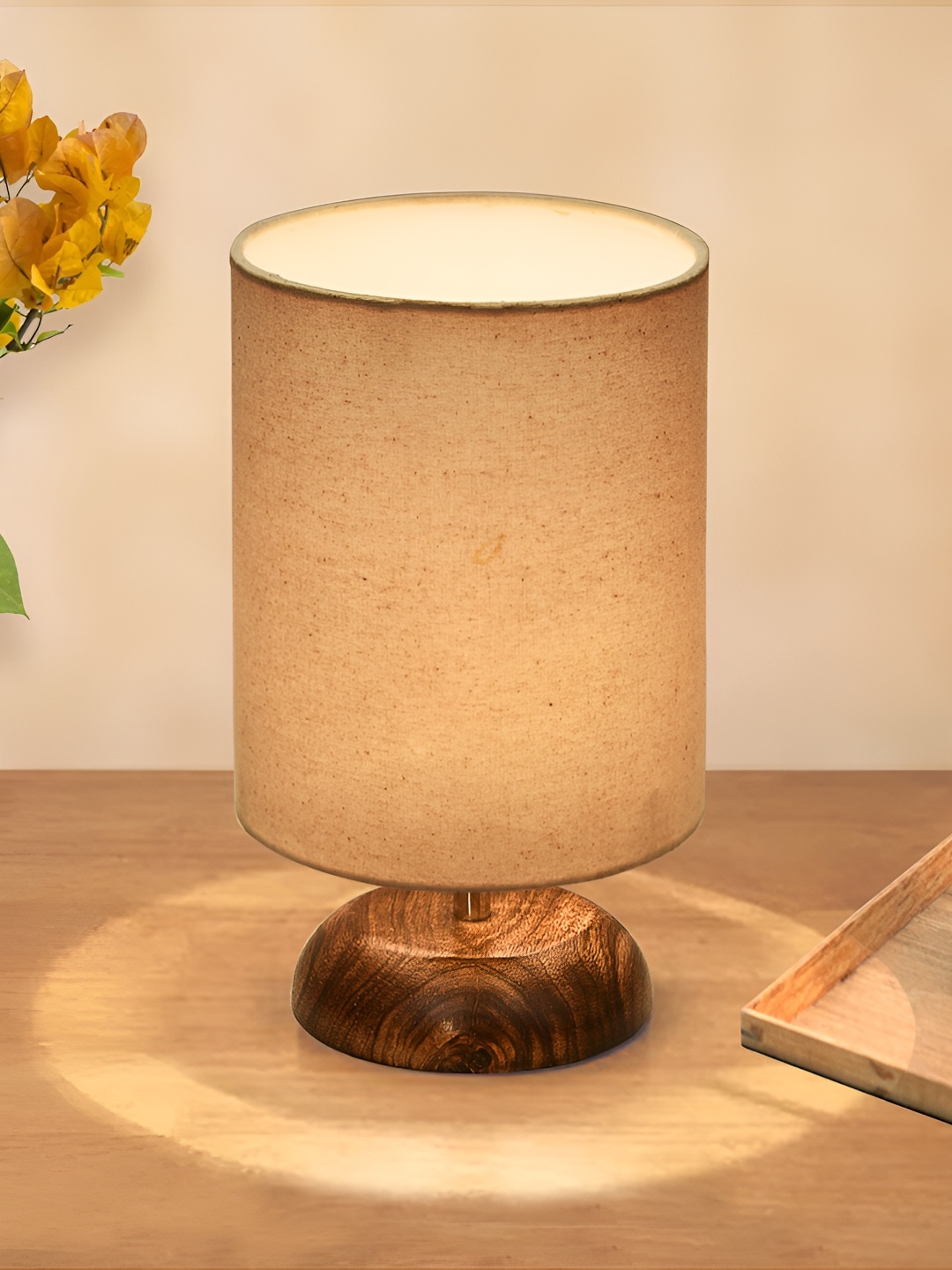 

Homesake Beige and Brown Wooden Cylindrical Shaped Table Lamp