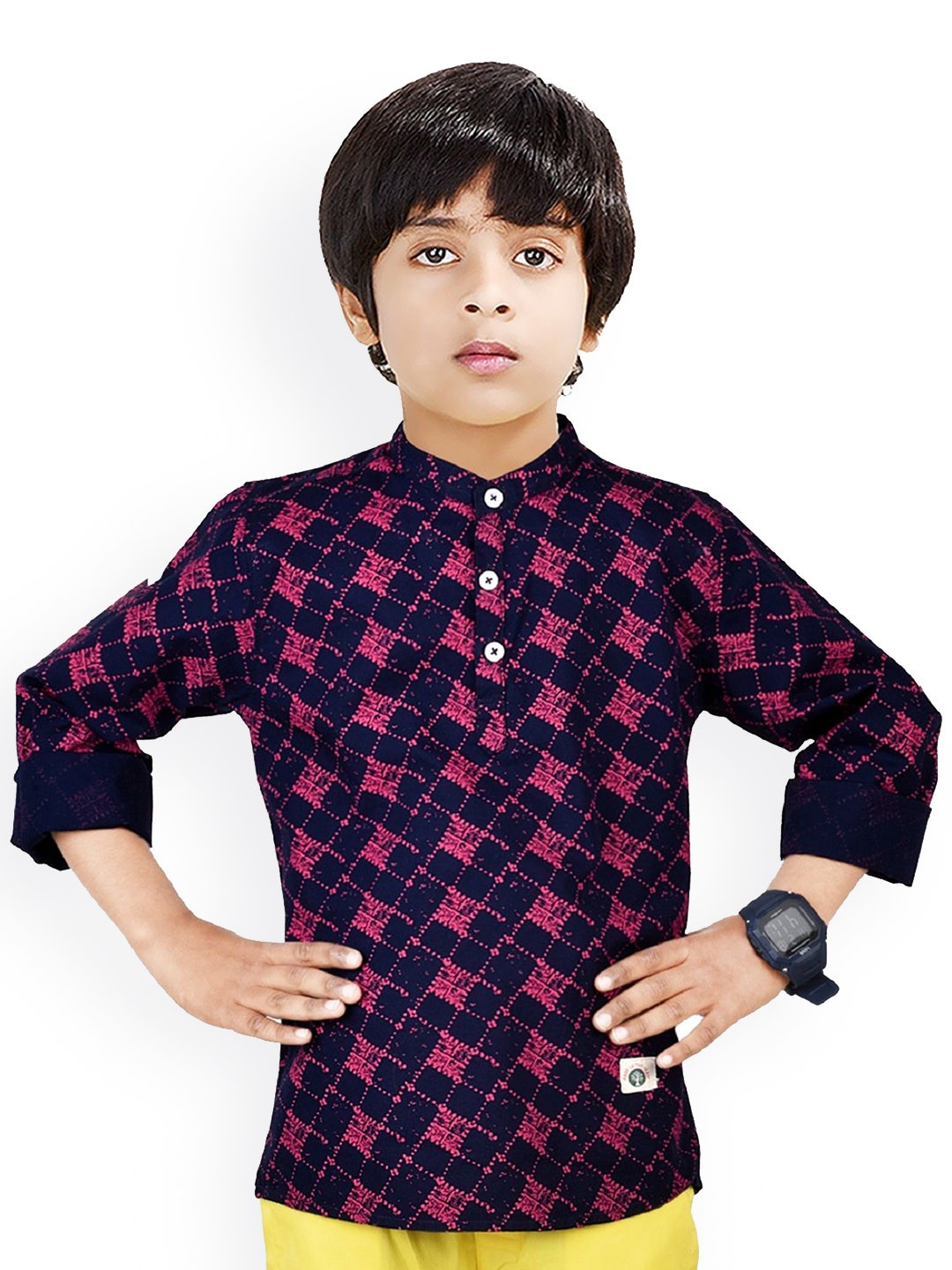 

MADE IN THE SHADE Boys Geometric Printed Band Collar Pue Cotton Straight Kurtas, Navy blue