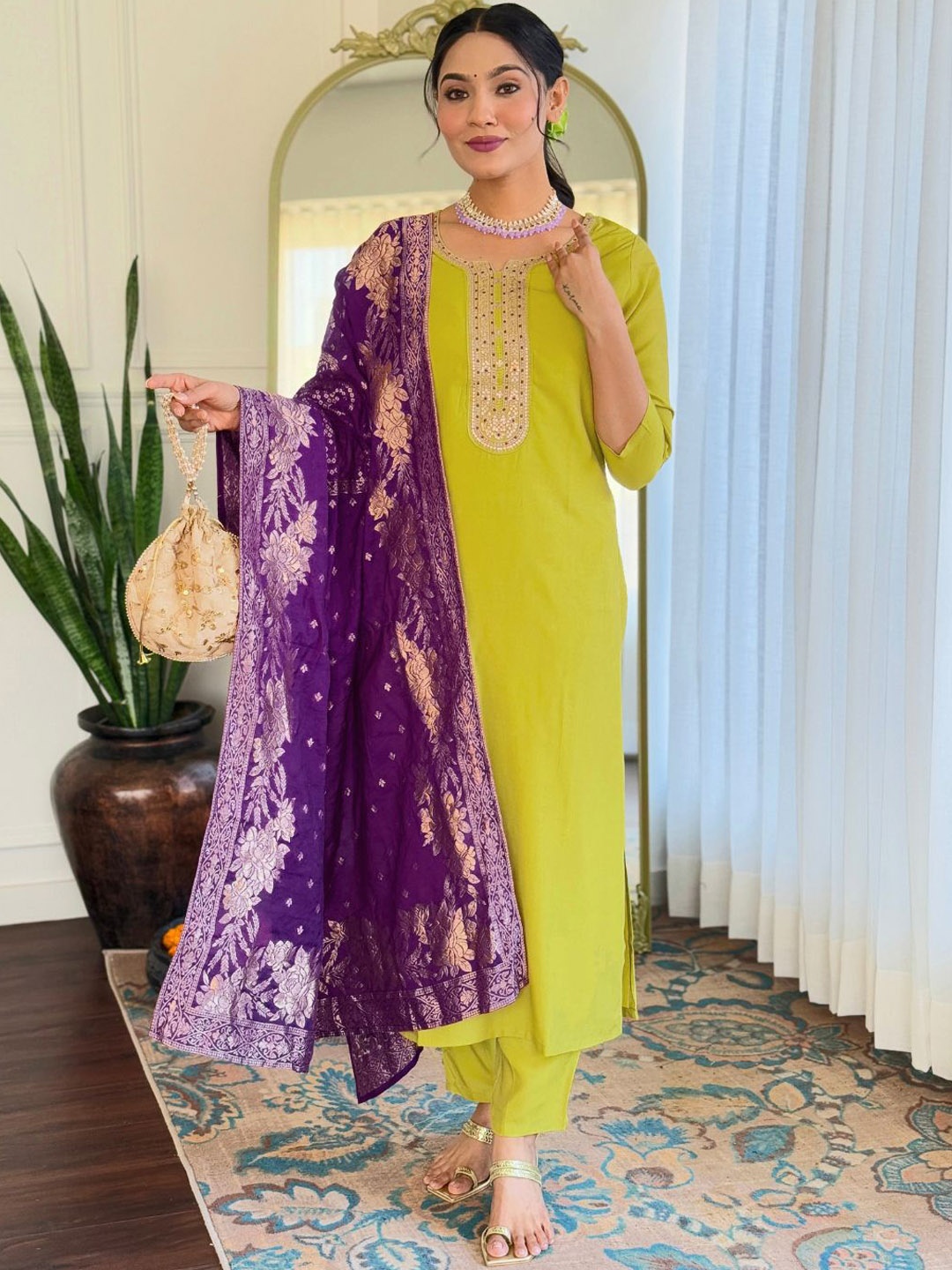 

THE52 Floral Embroidered Notch Neck Sequinned Straight Kurta With Trousers & Dupatta, Lime green