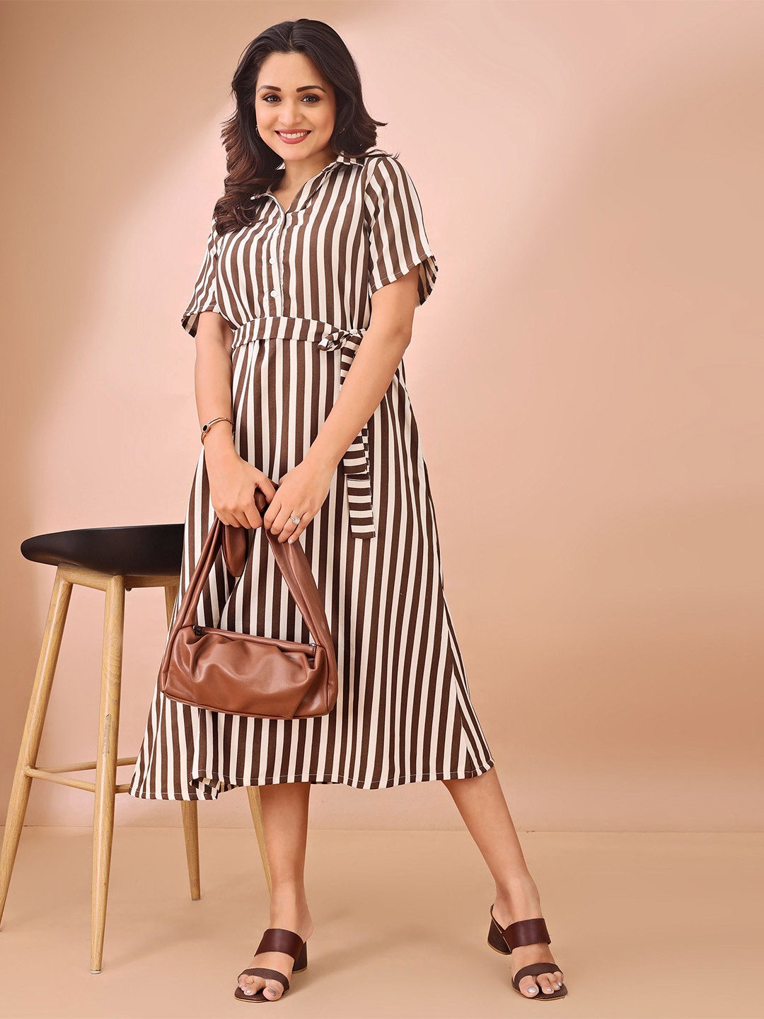 

Fashfun Women Striped Shirt Collared Cotton A-Line Midi Dress With Belt, Brown