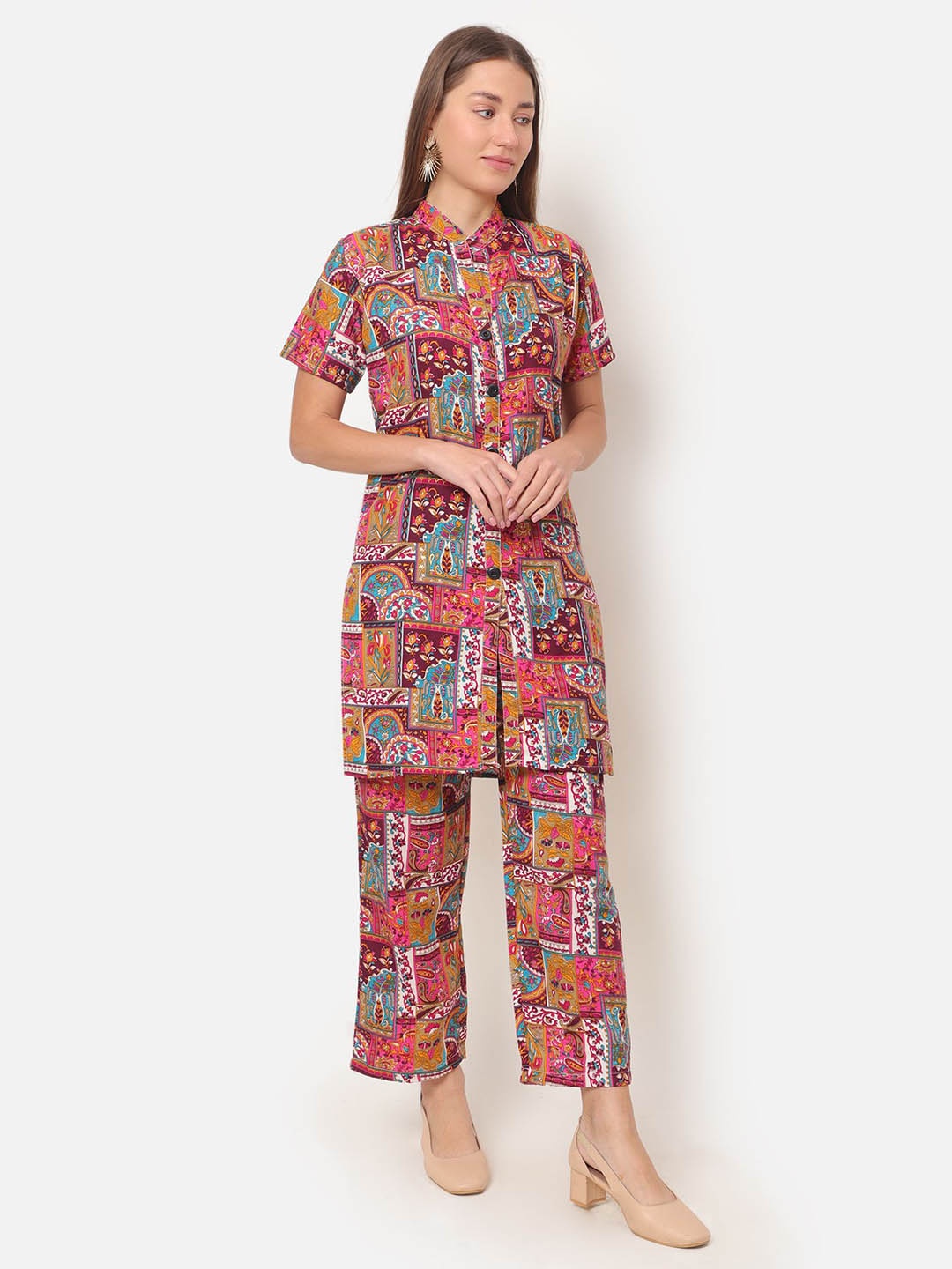 

ROSEMELON Ethnic Motifs Printed Mandarin Collar Tunic With Trouser, Pink