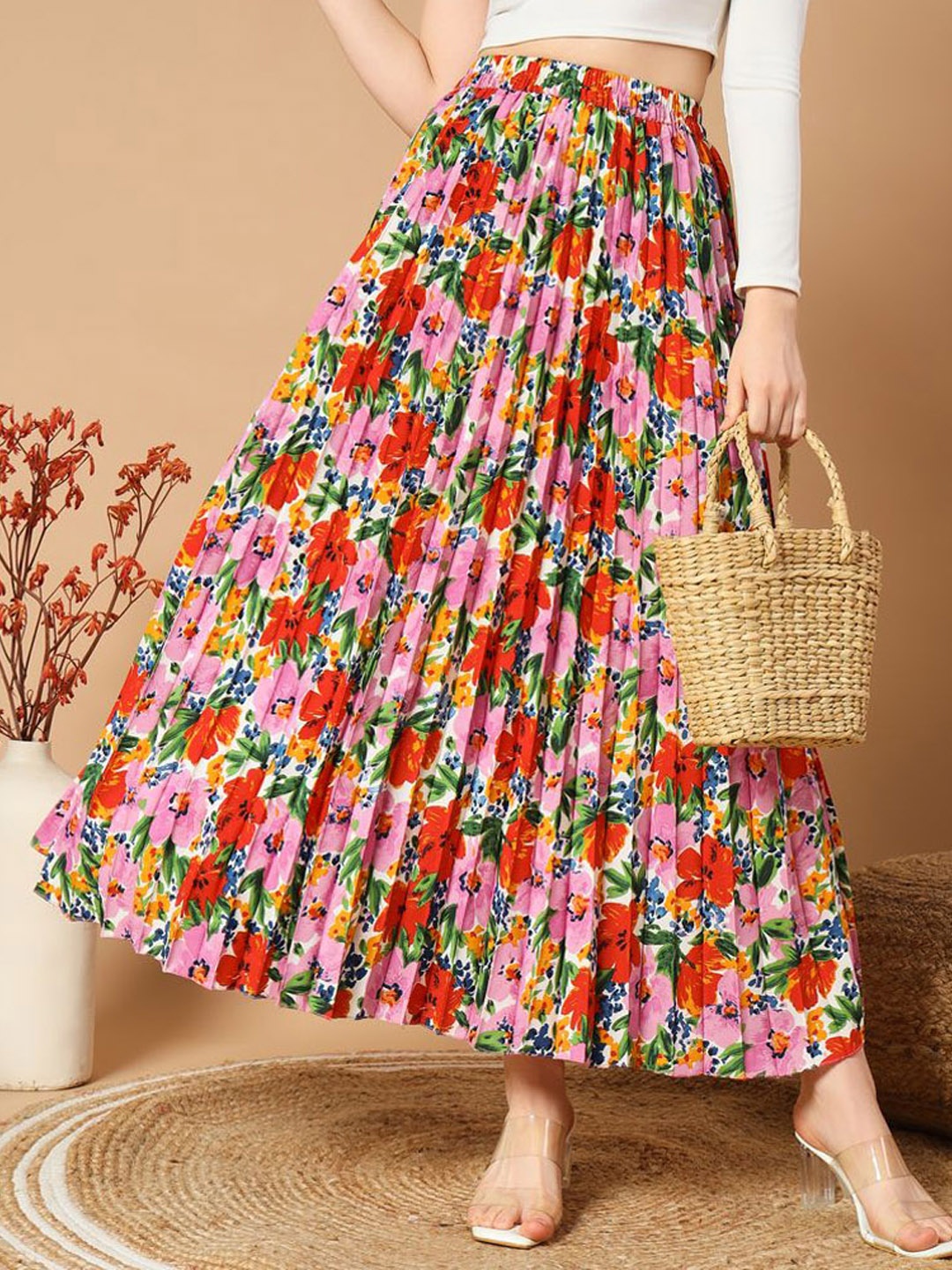 

ZWERLON Floral Printed Pleated A-Line Maxi Skirt, Pink