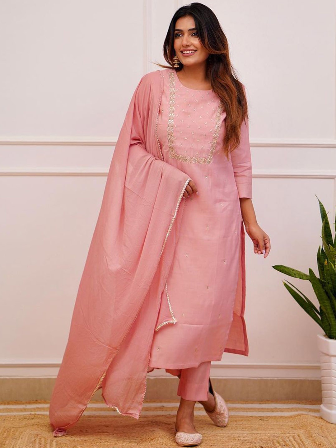 

KALINI Ethnic Motifs Embroidered Round Neck Straight Kurta With Trousers And Dupatta, Pink