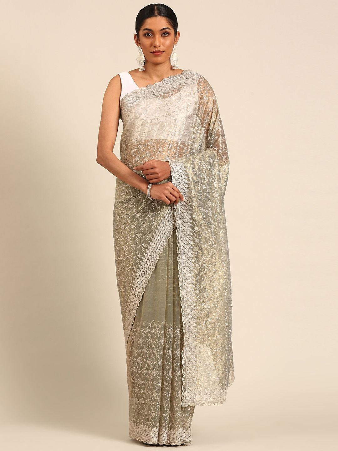 

LeeliPeeri Embroidered Embellished Beads and Stones Heavy Work Saree, Green