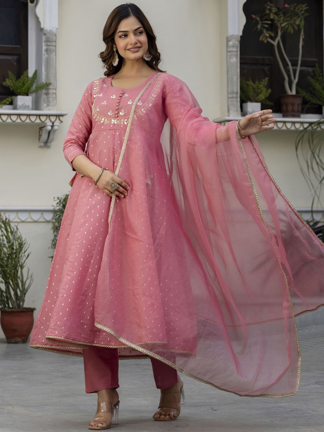 

Anouk Polka Dots Woven Design Gotta Patti Chanderi Silk Kurta With Trousers And Dupatta, Pink