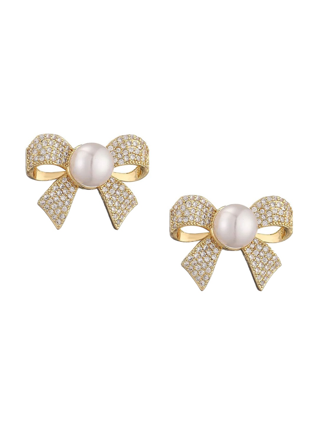 

Celestique Cubic Zirconia Stones Studded And Pearls Beaded Bow Shaped Studs, Gold