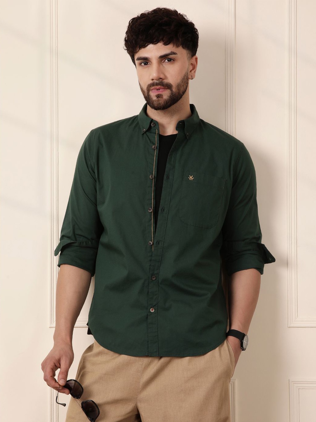 

WROGN Men Comfort Fit Spread Collar Solid Elastane Casual Shirt, Green