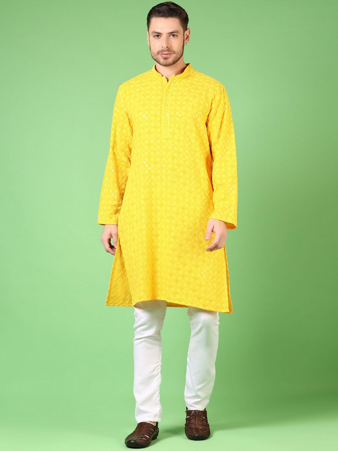 

V-Mart Floral Embroidered Sequinned Work Mandarin Collar Straight Kurta With Pyjamas, Yellow