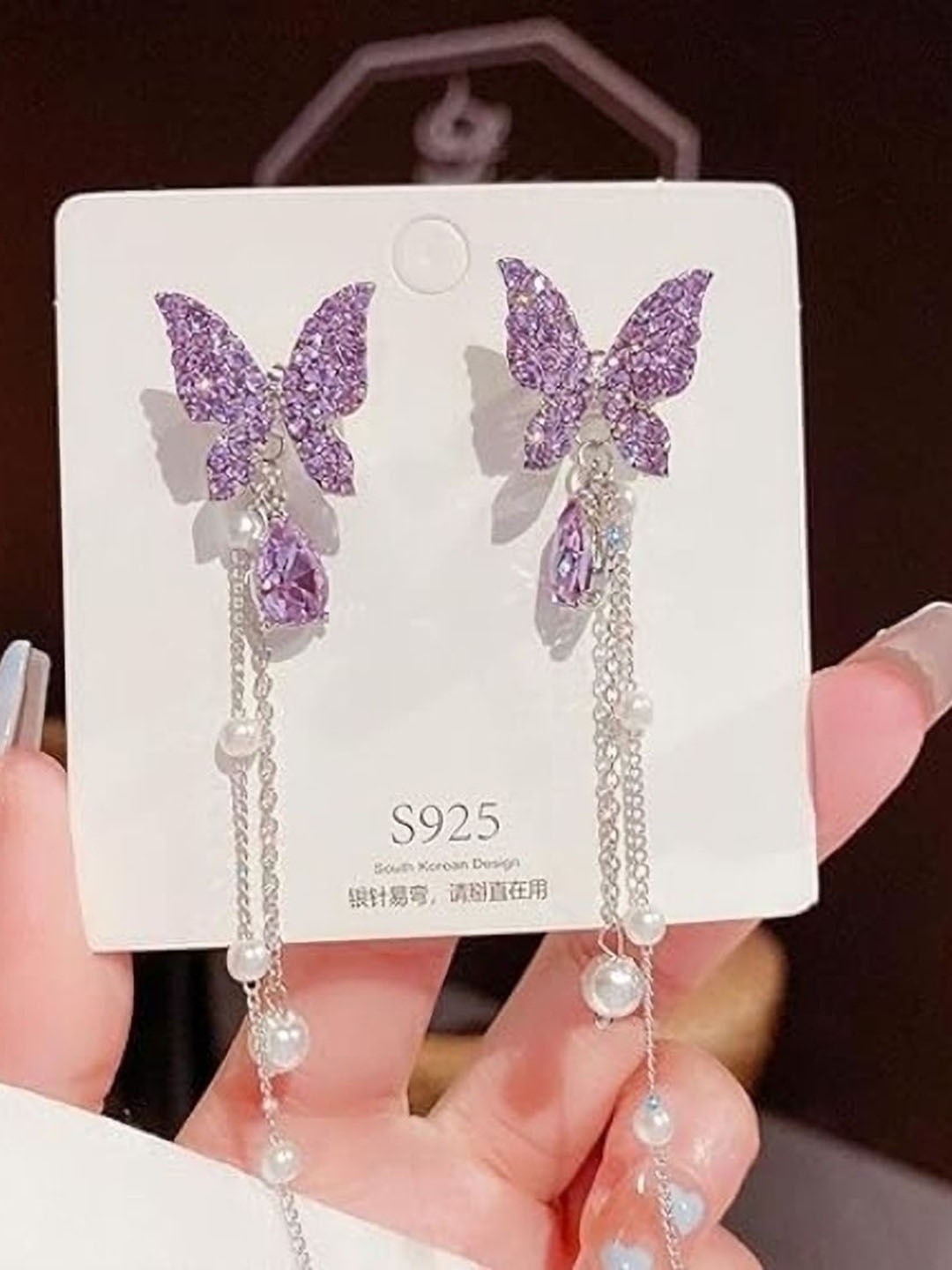 

Celestique Silver-Plated Artificial Stone Studded Contemporary Korean Drop Earrings, Purple