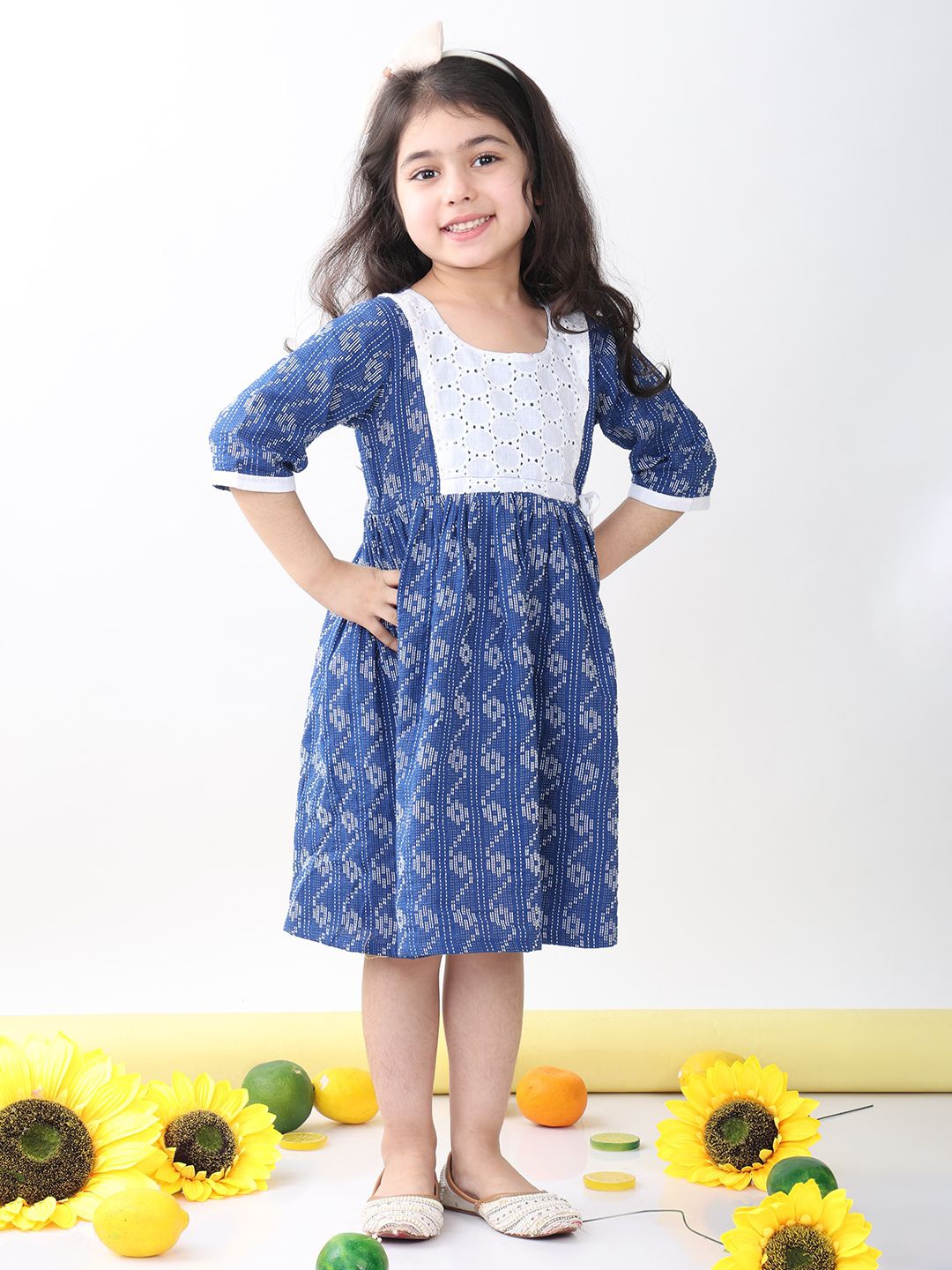 

Sangria Girls Printed Cotton Knee Length Dresses, Blue