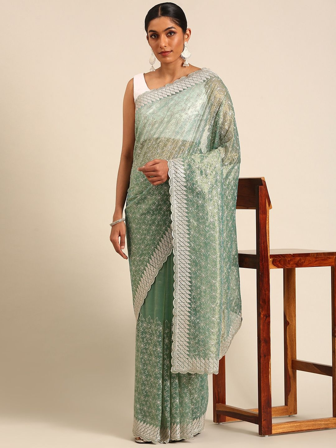 

LeeliPeeri Designer Embellished Beads and Stones Net Saree, Green