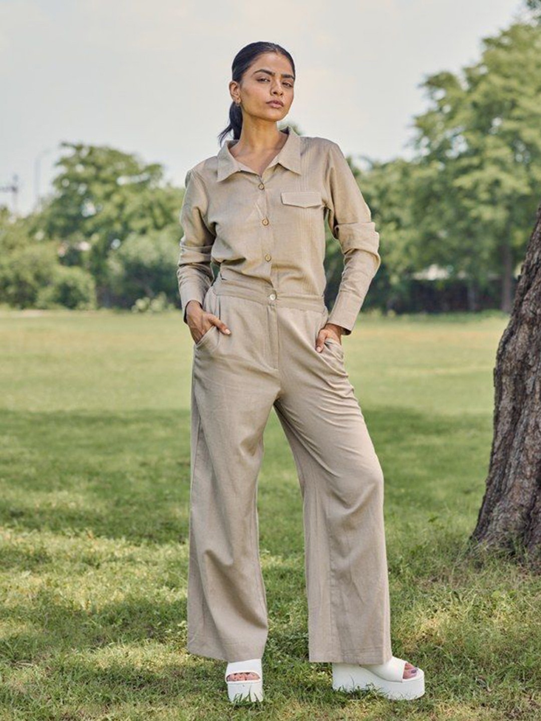 

Sencei Long Sleeves Pure Cotton Shirt With Trousers, Beige