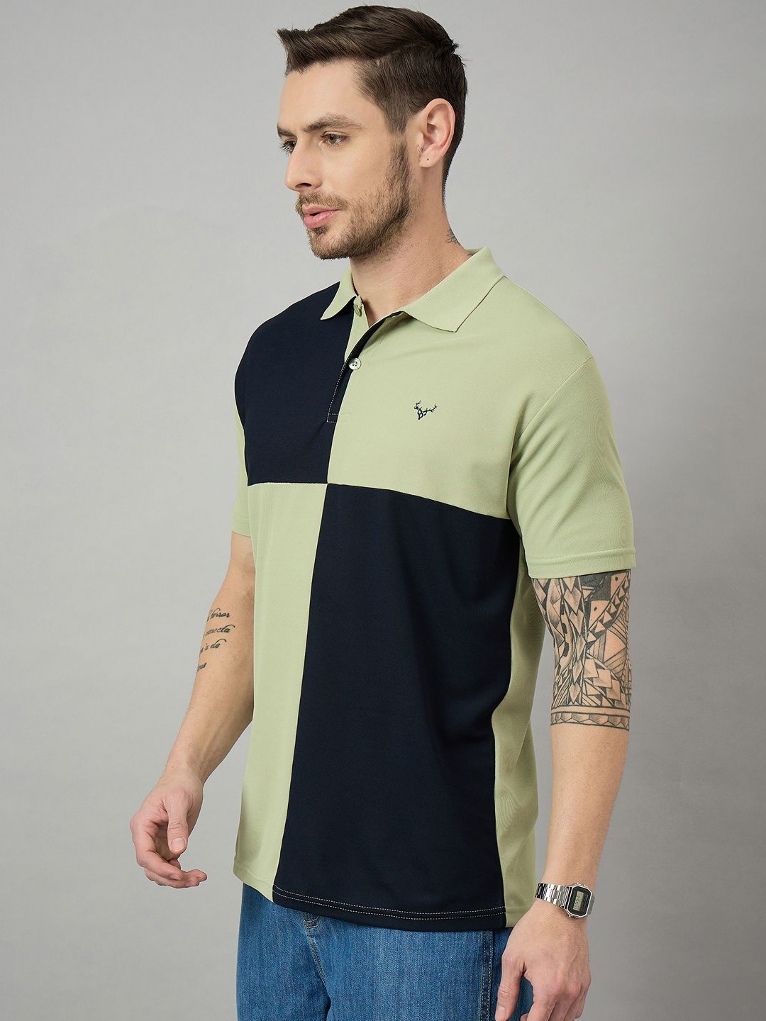 

BRONATION Men Colourblocked Polo Collar Cotton T-shirt, Sea green