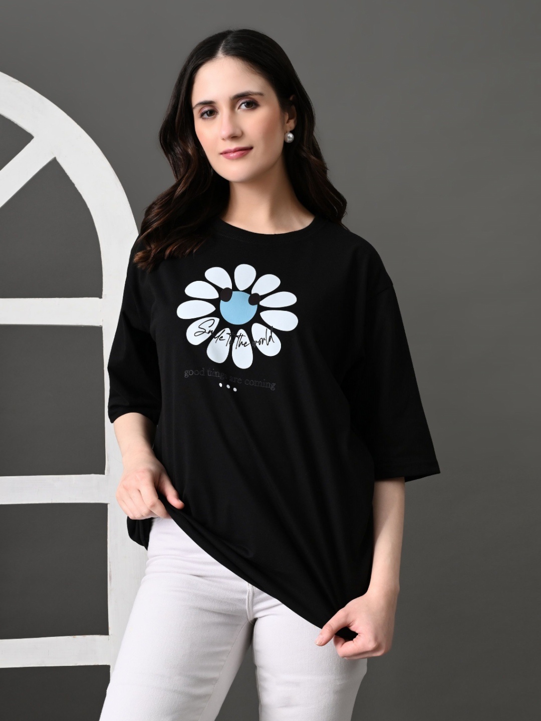 

Kook N Keech Women Bio Finish Floral Printed Round Neck Cotton Oversized T-shirt, Black