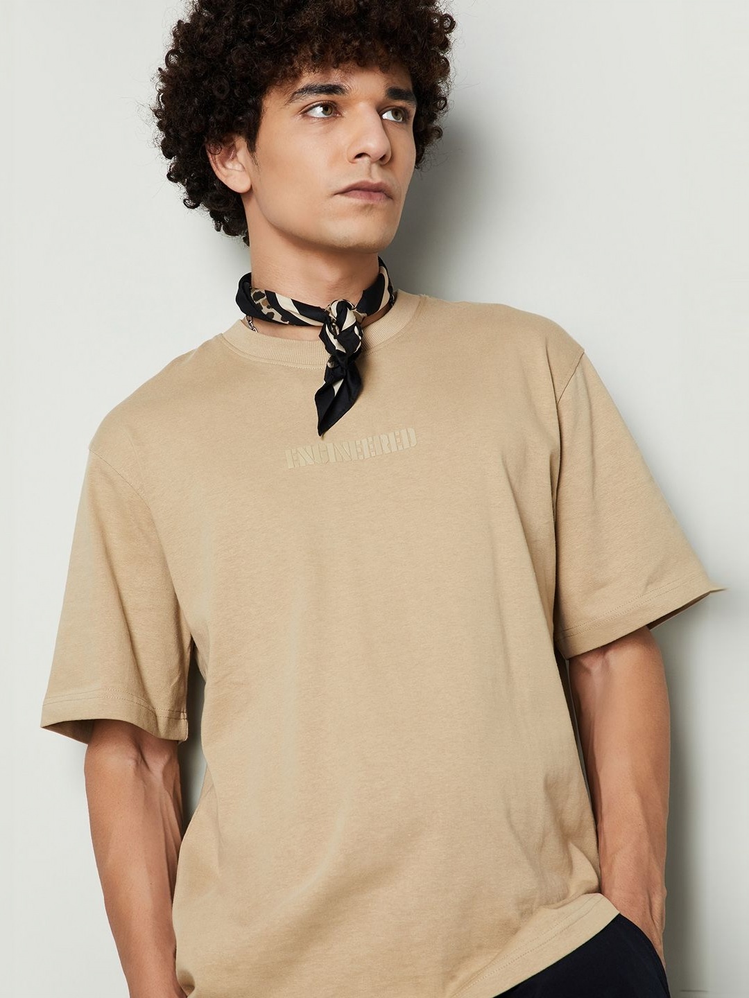 

max Men Typography Printed Round Neck Cotton Oversized T-shirt, Brown