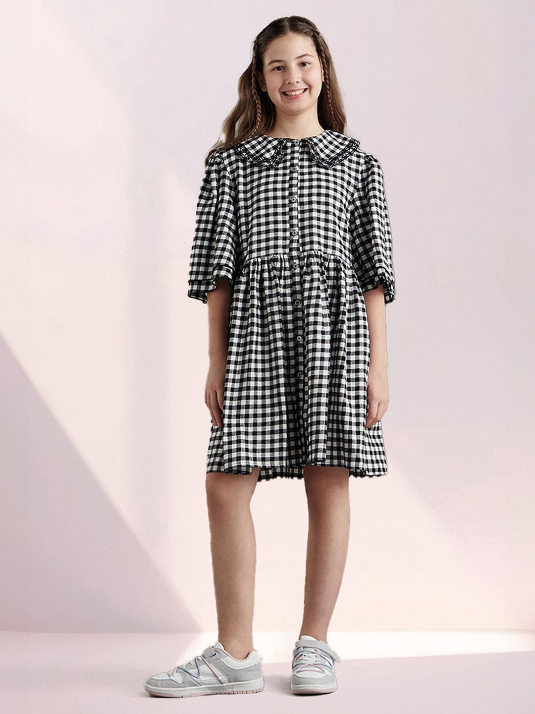 

max Girls Checked Flared Sleeve A-Line Dress, Black