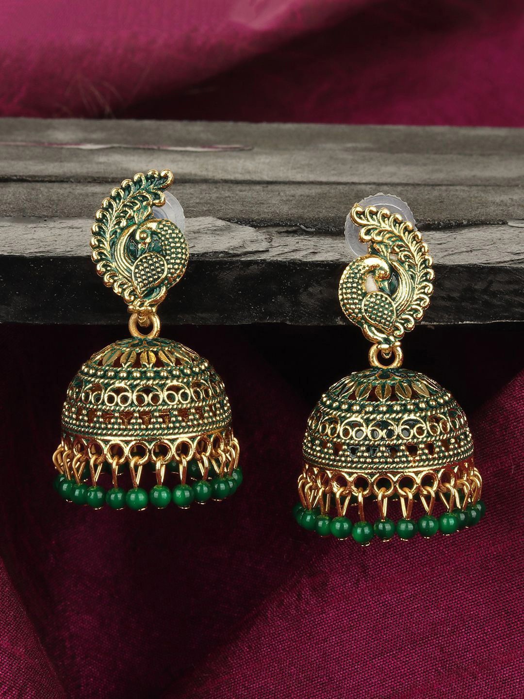 

Anouk Gold Plated Beaded Enamelled Traditional Peacock Dome Shaped Jhumkas