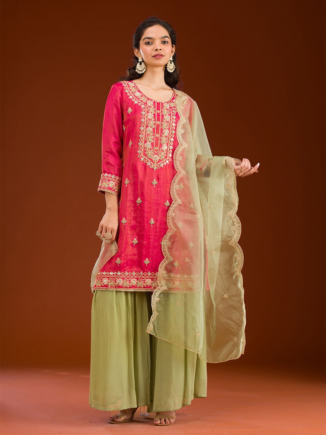 

Koskii Women Ethnic Motifs Embroidered Kurta with Palazzos & Dupatta, Pink