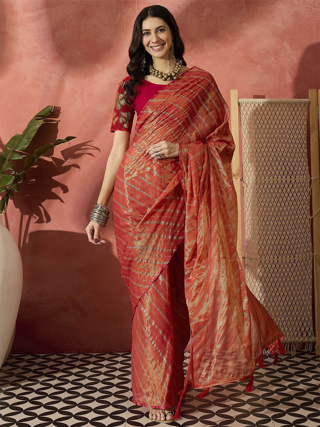 

Sangria Women Embroidered Brasso Saree With Blouse, Red