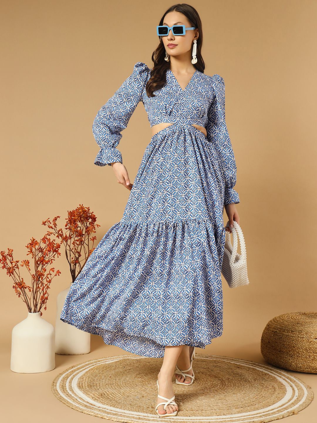 

ZWERLON Women Floral Printed Puff Sleeves Cut-Outs Maxi Dress, Blue