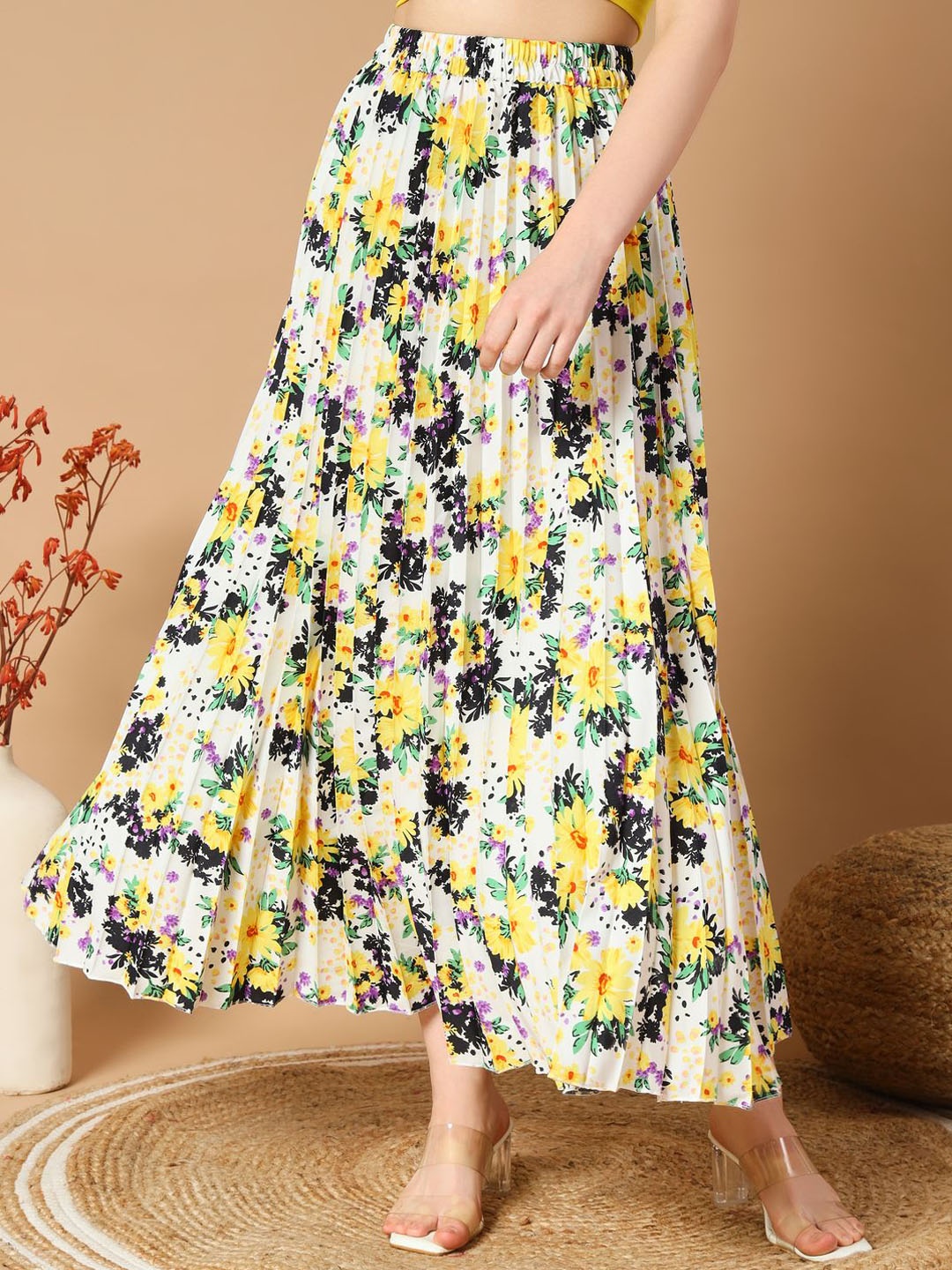 

ZWERLON Women Floral Printed Pleated A-Line Maxi Skirt, White