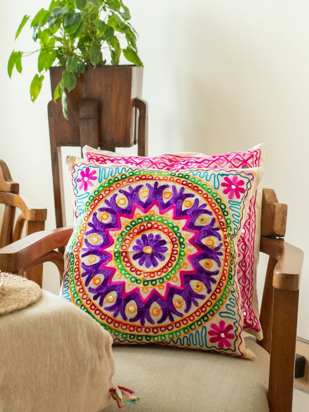 

Atrangi Studio 2 Pieces Ethnic Motifs Patchwork Square Cushion Covers, White