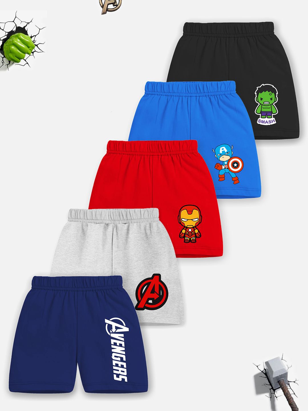 

YK Marvel Boys Pack of 5 Avengers Printed Shorts, Grey