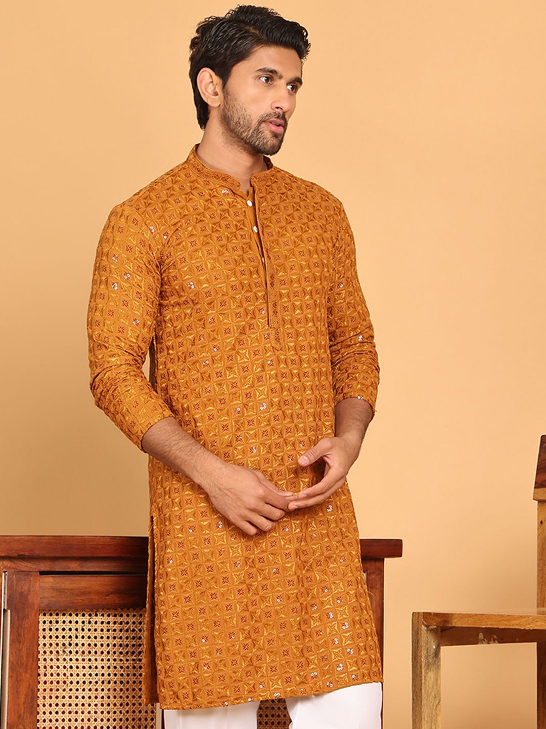 

Anouk Mustard Geometric Embroidered Sequinned Mandarin Collar Kurta