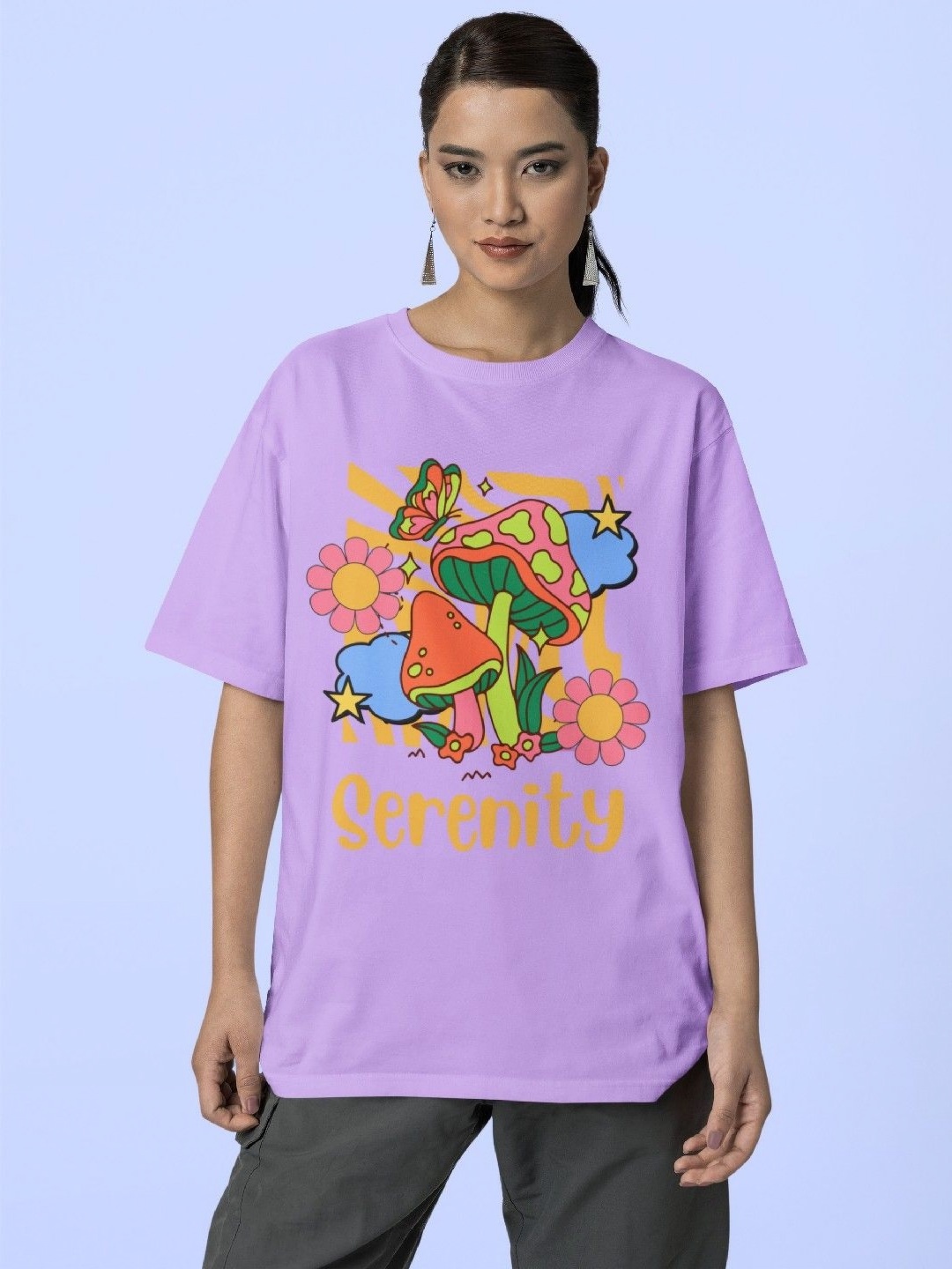 

Reifica Women Graphic Printed Round Neck Cotton Oversized T-shirt, Lavender