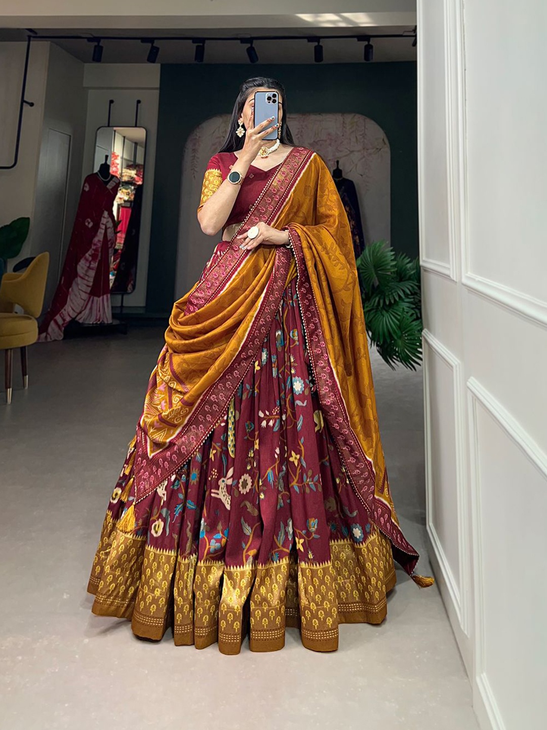 

RADHVI BIZ Printed Ready To Wear Lehenga & Semi-Stitched Blouse With Dupatta, Maroon