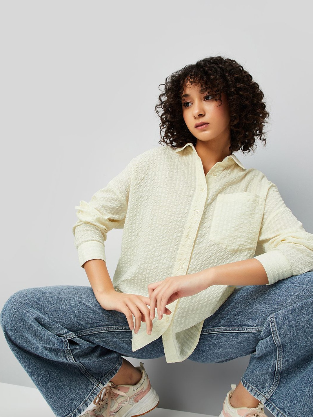 

max Women Relaxed Fit Spread Collar Vertical Striped Cotton Casual Shirt, Cream