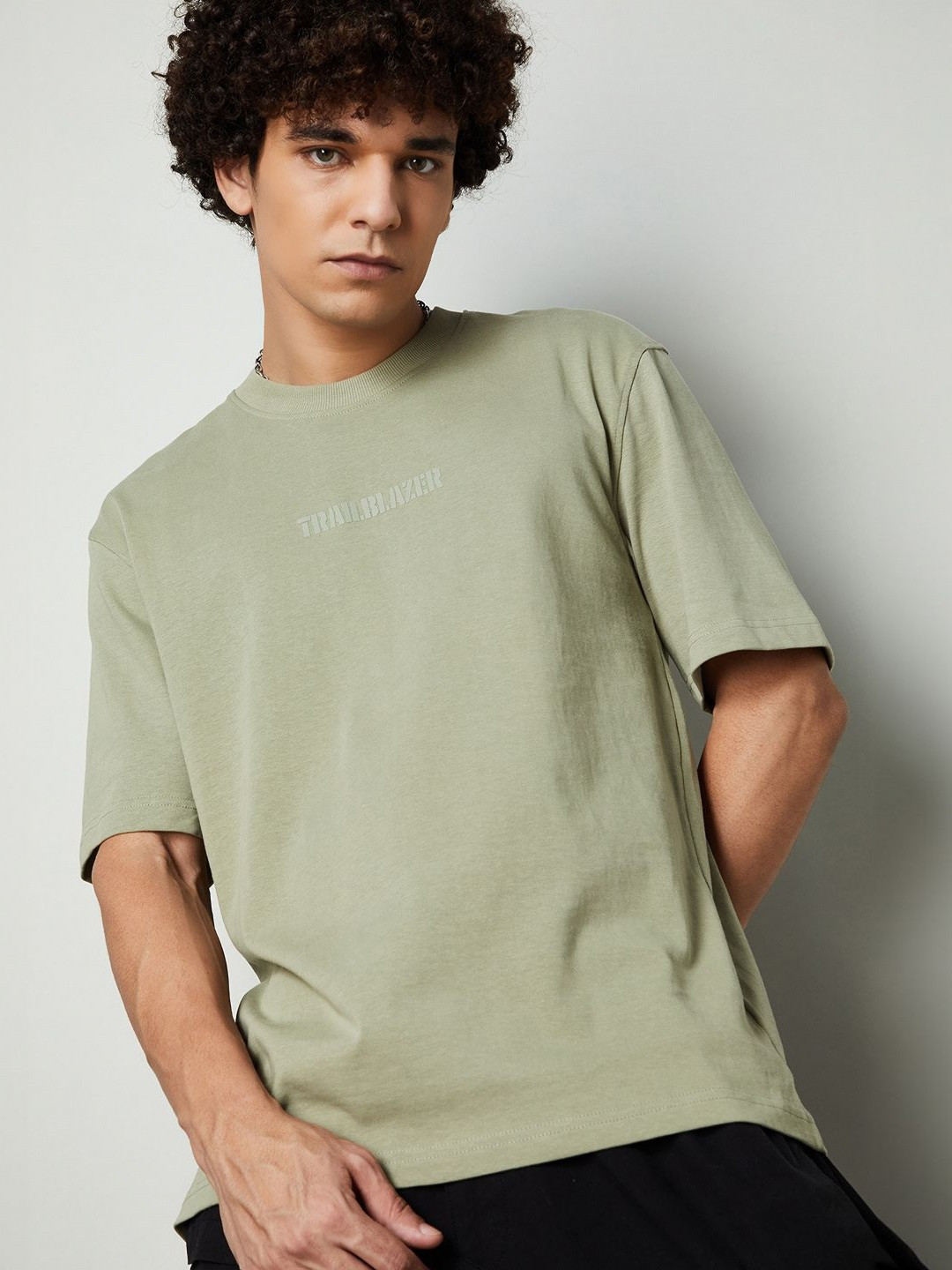 

max Men Typography Printed Round Neck Cotton Oversized T-shirt, Green
