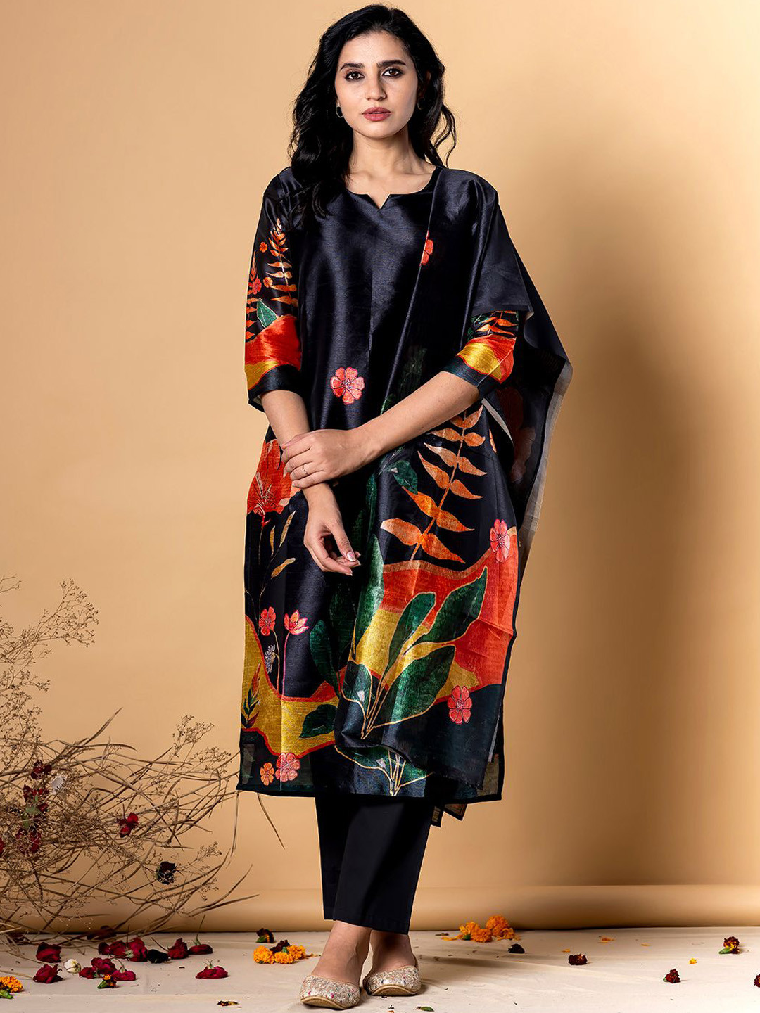 

Readiprint Floral Printed Notch Neck Chanderi Silk Kurta With Trousers & Dupatta, Black